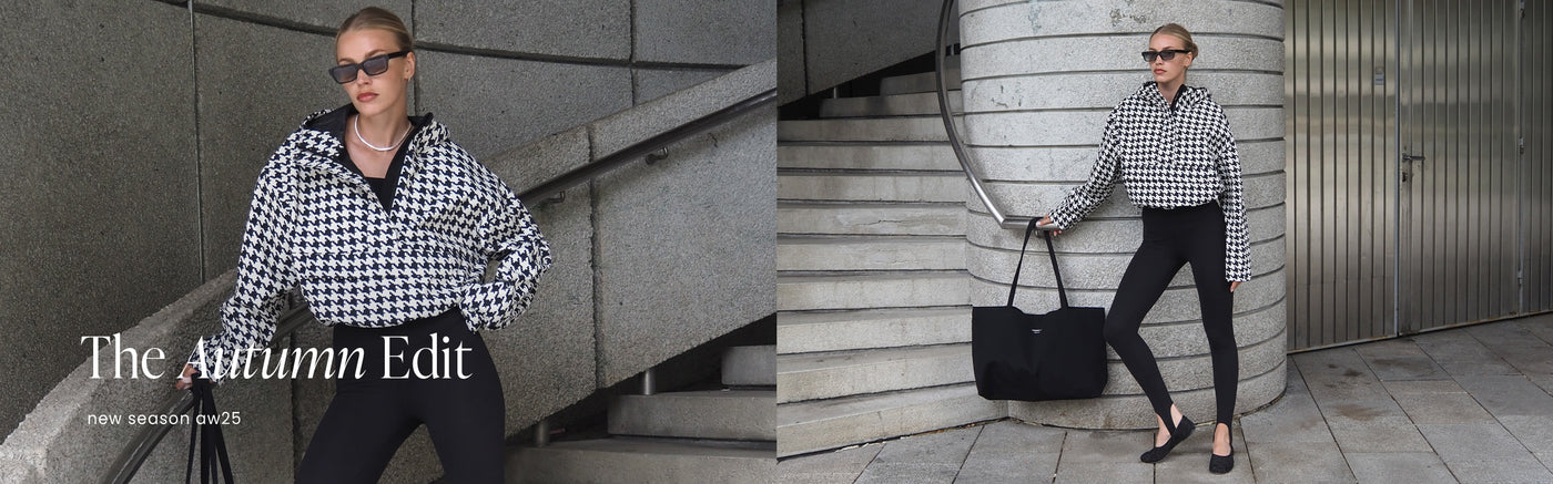 Model trägt Pepita Waterproof Anorak und Black Sense Stirrup Tights, kombiniert mit Sonnenbrille und Black Waterproof Apparel Tote Bag.
