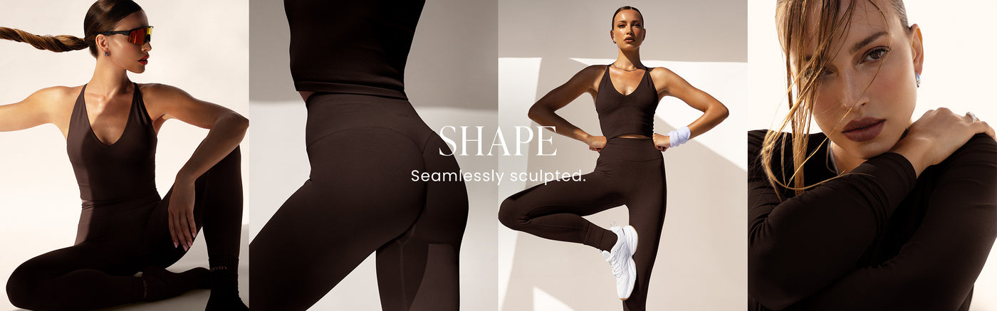 Model posiert in Chocolate Shape nahtlosem Top und Leggings