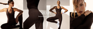 Model posiert in Chocolate Shape nahtlosem Top und Leggings