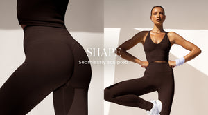 Model posiert in Chocolate Shape nahtlosem Top und Leggings